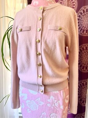 Vintage Petite Sophisticate Coquette Cardigan Sweater Womens M Knit Pink